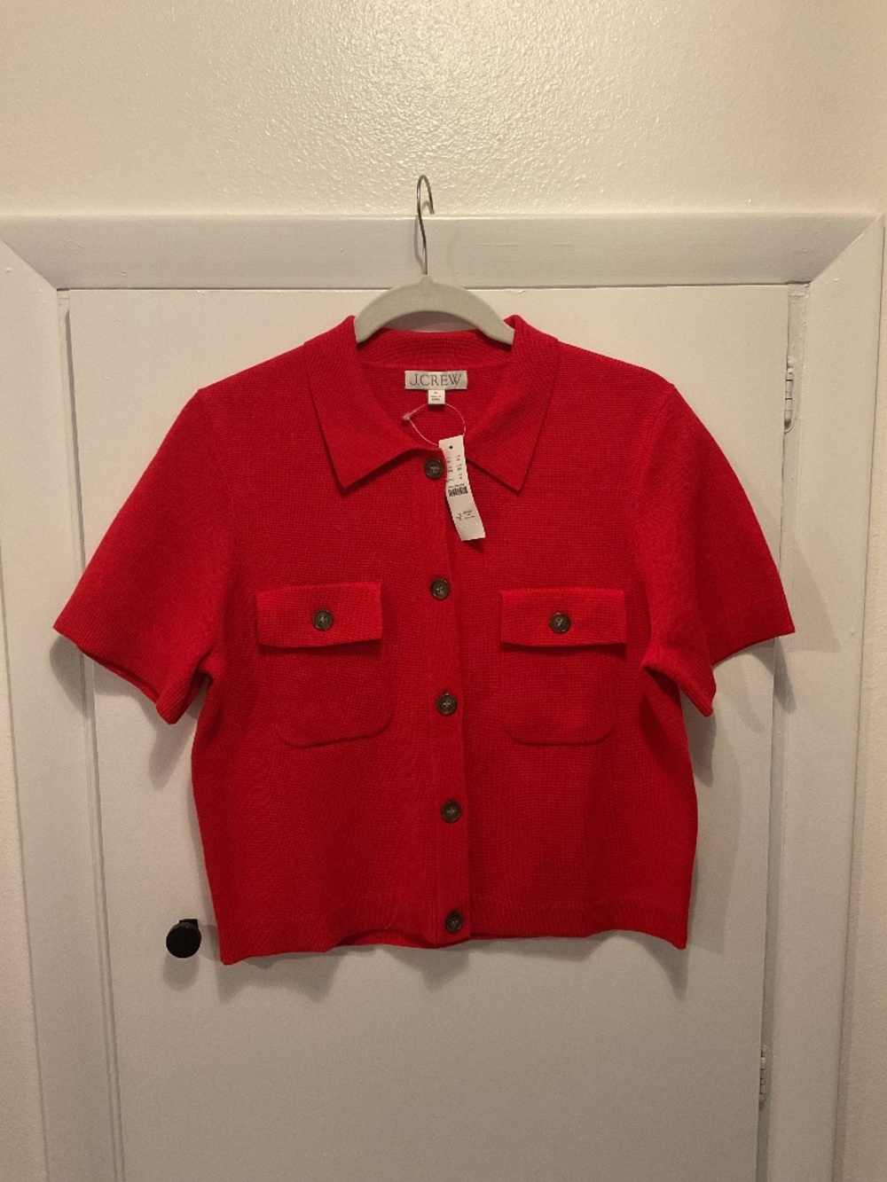 J.Crew Short Sleeve Red Cotton Sweater, Size Medium